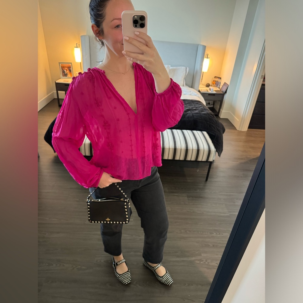 Zara Hot Pink embroidered sheer blouse M